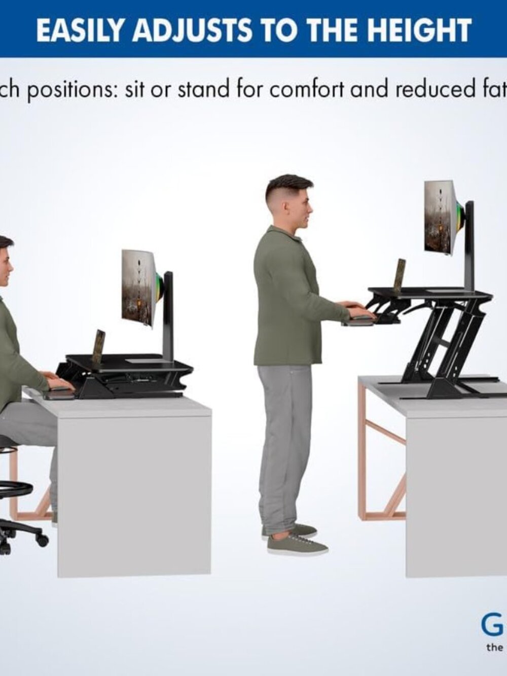 38″ Wide Standing Desk Converter – Sit-to-Stand Workstation for Dual Monitors, H - Picture 5 of 8